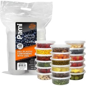 PAMI Deli Plastic Containers With Lids [48-Pack, 8oz] – Small Food Containers For Sauces, Salsas, Dips – BPA-Free, Microwave & Freezer Safe Food Storage Pots- Clear Meal Prep Condiment Containers