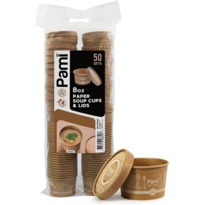 PAMI Paper Soup Cups With Lids 8oz [50- Pack] – 100% Biodegradable & Compostable Paper Bowls For Soups, Noodles, Chilies & More- Disposable Brown Takeout Soup Containers With Lids
