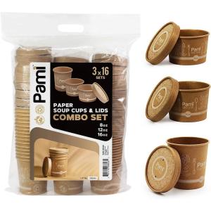 PAMI Paper Soup Cups With Lids Combo Set With 8oz. 12oz &16oz Bowls [48 Sets Total]- 100% Biodegradable Paper Bowls For Soups, Noodles, Chilies- Disposable Brown Takeout Soup Containers With Lids