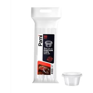 PAMI Portion Control Cups With Lids [2oz, 100-Pack]- Small Meal Prep Plastic Food Containers- BPA-Free Disposable Ramekin Cups- Deli Containers For Condiments, Sauces, Salsas, Dips, Jello Shots