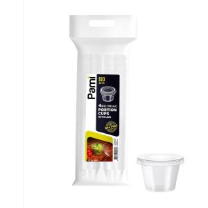 PAMI Portion Control Cups With Lids [4oz, 100-Pack]- Small Meal Prep Plastic Food Containers- BPA-Free Disposable Ramekin Cups- Deli Containers For Condiments, Sauces, Salsas, Dips, Jello Shots